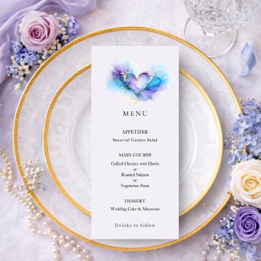 Menu de mariage cœur abstrait bleu violet or