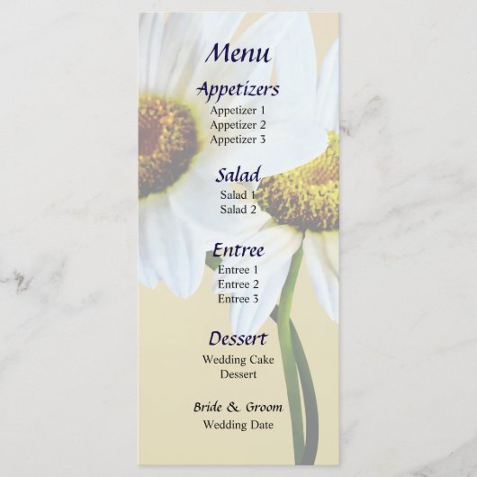 Menu de mariage coeur avec des marguerites (Devant)