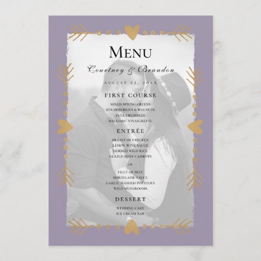 Menu de mariage cœurs dorés photo moderne violet (Devant)