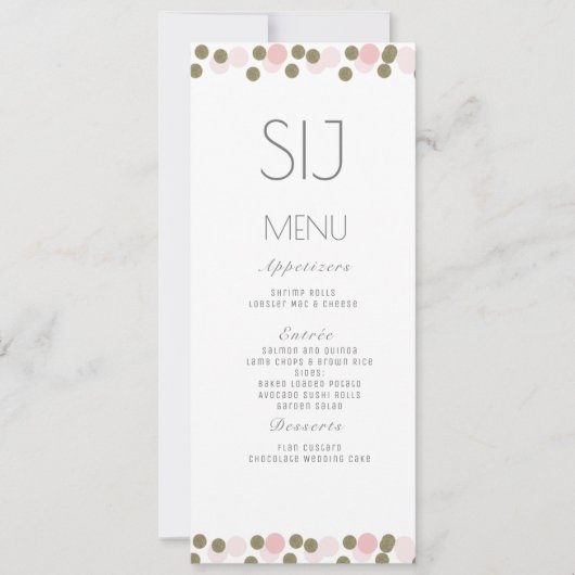 Menu de mariage confettis points roses or (Devant)