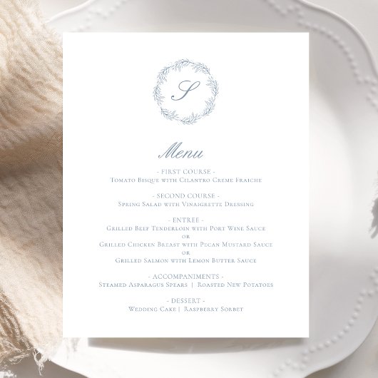 Menu de mariage Couronne de monogramme bleu poussi