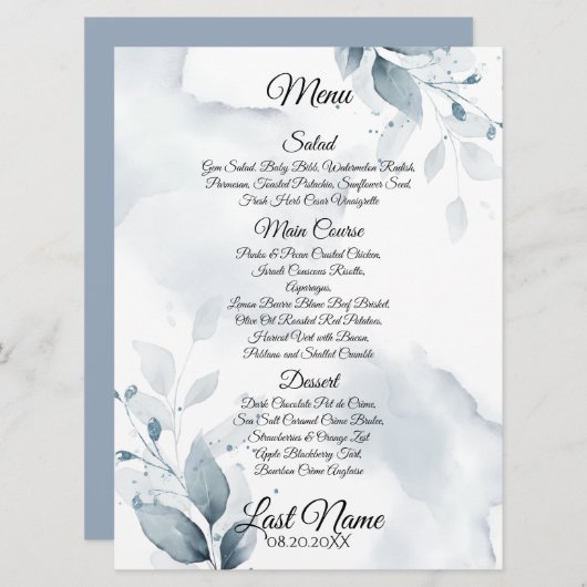 Menu de mariage | Custom 1 Dusty Blue Botanical Me (Devant / Derrière)