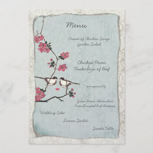 Menu de mariage damassé au thème de la mésange et (Devant)