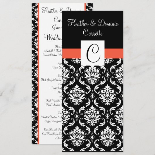 Menu de mariage damassé de monogramme de papaye (Devant / Derrière)