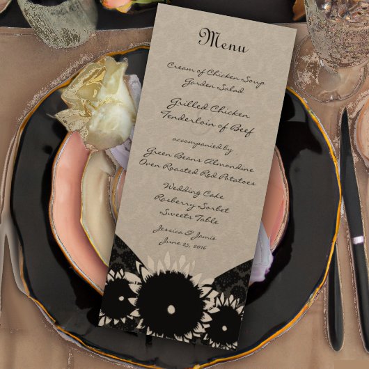 Menu de mariage damassé Tournesol noir