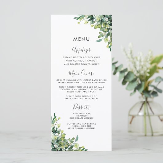 Menu de mariage dans le jardin botanique chic vert (Debout devant)
