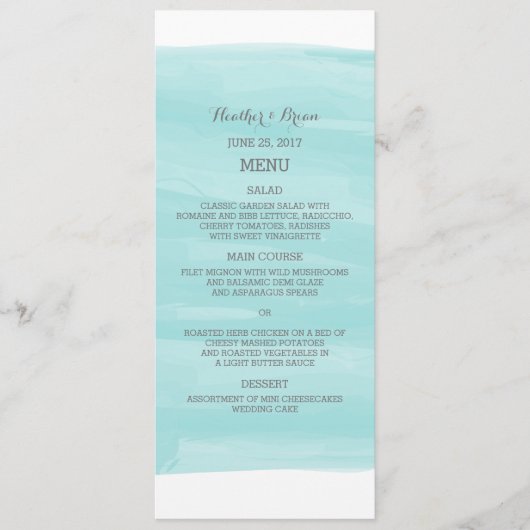 Menu de mariage d'aquarelle de turquoise (Devant)