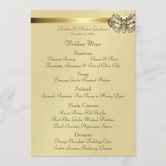 Menu de mariage de bijou de vert de mascarade d'or (Devant)