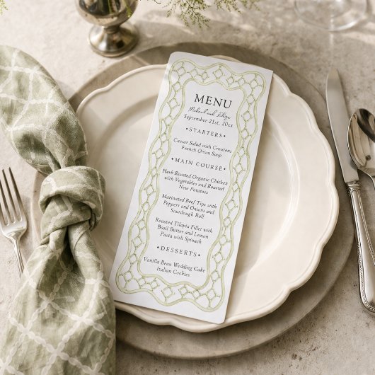 Menu de mariage de dîner à treillis français vert