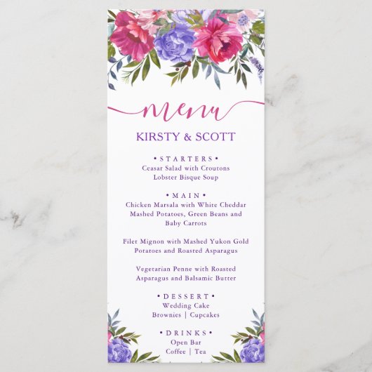 Menu de mariage de fleurs d'été aquarelle Boho (Devant)
