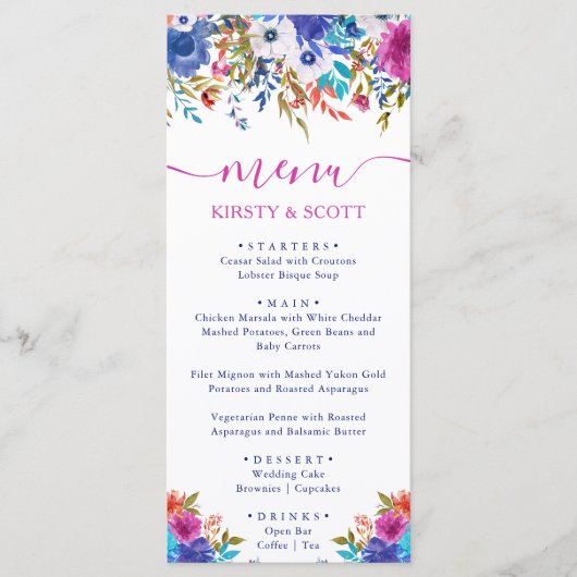 Menu de mariage de fleurs d'été aquarelle Boho (Devant)