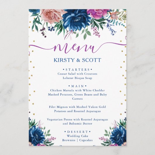 Menu de mariage de fleurs d'été aquarelle Boho (Devant)