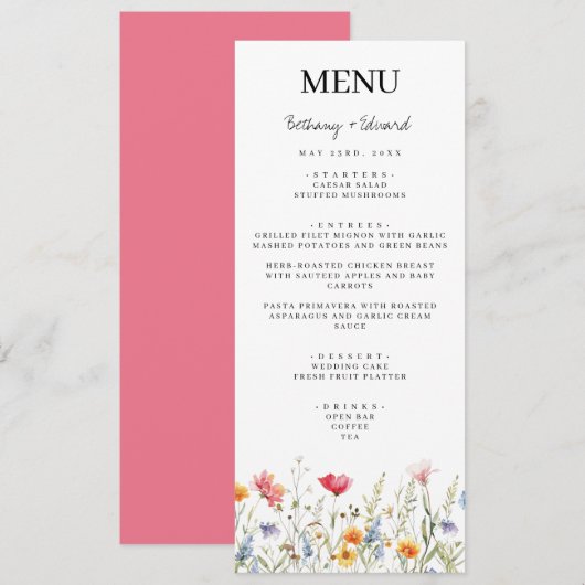 Menu de mariage de fleurs sauvages de printemps (Devant / Derrière)