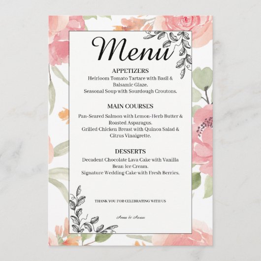 Menu de mariage de jardin de printemps pêche douce (Devant)