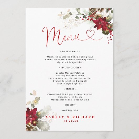 Menu de mariage de Noël à fleurs rouges (Devant)