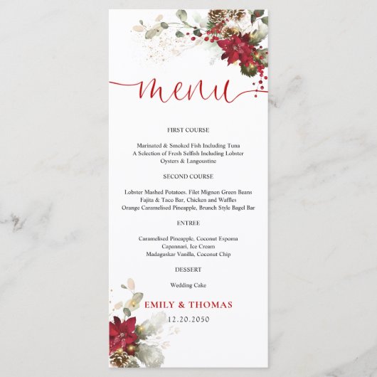 Menu de mariage de Noël à fleurs rouges (Devant)