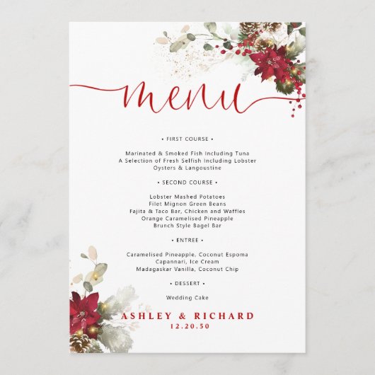 Menu de mariage de Noël à fleurs rouges (Devant)