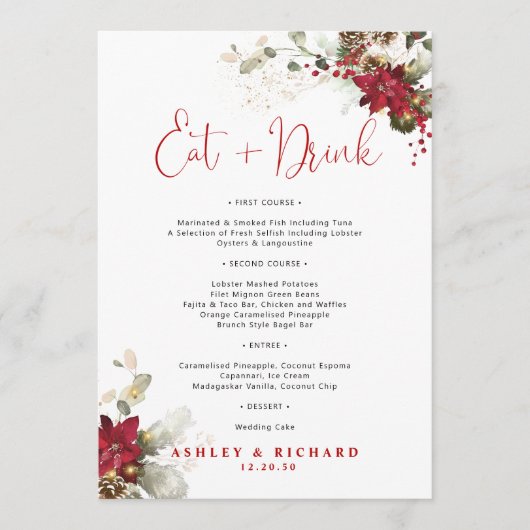Menu de mariage de Noël à fleurs rouges (Devant)