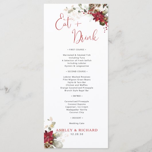 Menu de mariage de Noël à fleurs rouges (Devant)