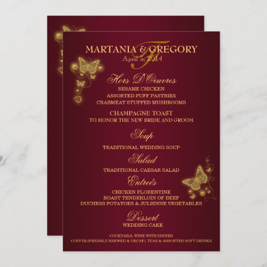 Menu de mariage de papillon d'or de Bourgogne (Devant / Derrière)