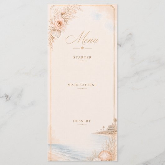 Menu de mariage de plage à l'aquarelle modifiable (Devant)
