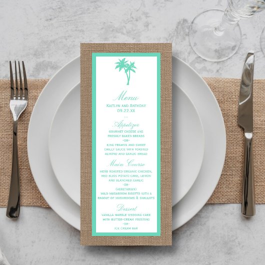 Menu de mariage de plage de palmier tropical