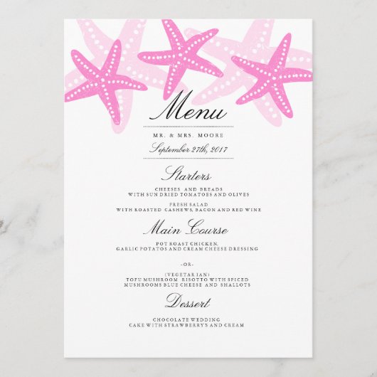 Menu de mariage de plage du Pink Starfish Dinner (Devant)