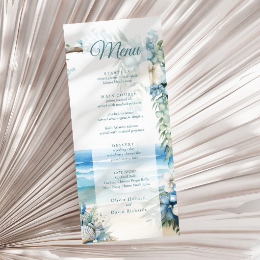 Menu de mariage de plage tropicale à arche bleu aq