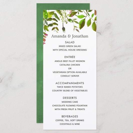 Menu de mariage de printemps à l'aquarelle avec fe (Devant / Derrière)