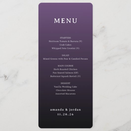 Menu de mariage dégradé violet élégant (Devant)