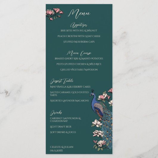 Menu de mariage dessiné à la main sarcelle paon (Devant)