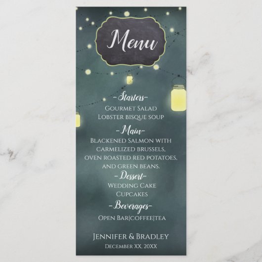 Menu de mariage d'été sous les étoiles dans des po (Devant)