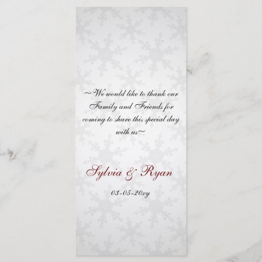 menu de mariage d'hiver des flocons rouges (Dos)