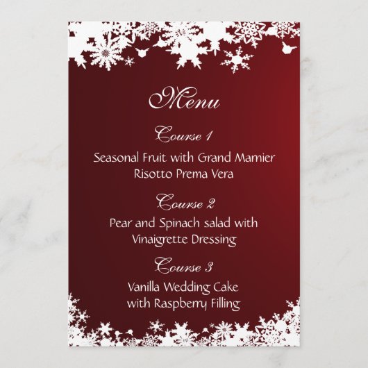 menu de mariage d'hiver des flocons rouges (Devant)