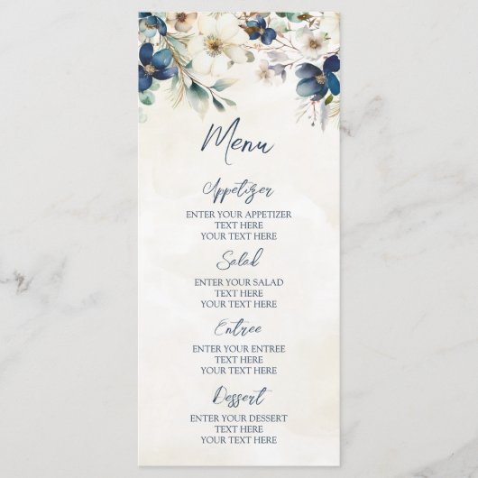 Menu de mariage d'hiver floral bleu élégant (Devant)