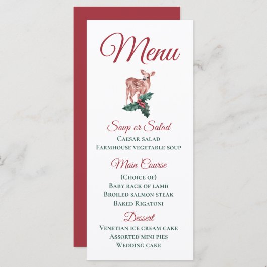 Menu de mariage d'hiver Reindeer de Noël Flore rou (Devant / Derrière)