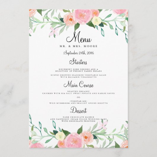 Menu de mariage dîner rose pêche aquarelle douce (Devant)