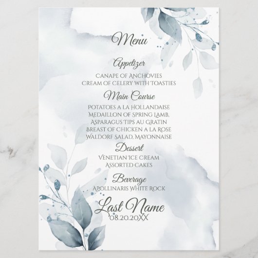 Menu de mariage | Dusty Blue Botanical Menu (Devant)