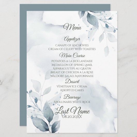 Menu de mariage | Dusty Turquoise Botanical Menu (Devant / Derrière)