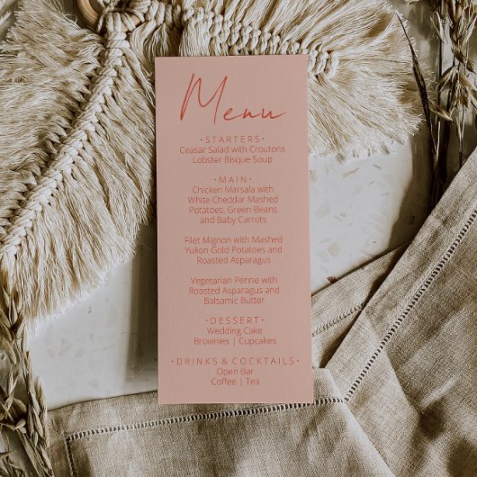 Menu de mariage écrit à la main rose orange rétro
