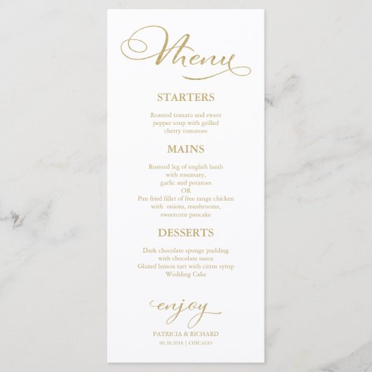 Menu de mariage écriture élégante à dorure or foil (Devant)