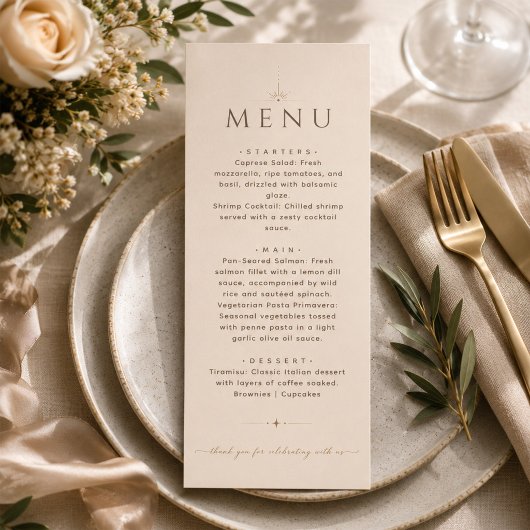 Menu de mariage éditorial beige Champagne élégant