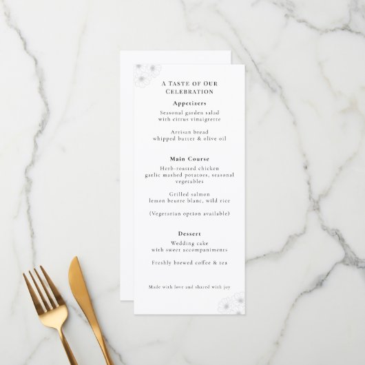 Menu de mariage Élégance Fleurie Douce "4 *9" (Devant/Arrière en situation)