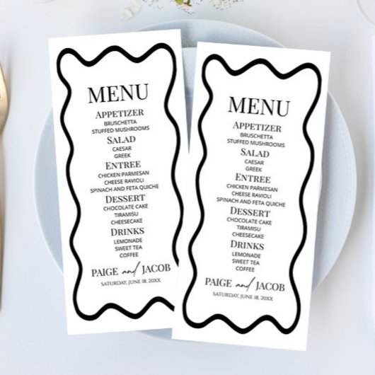 Menu de mariage élégant à bordure ondulée noir et