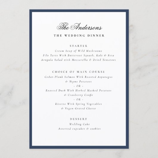 Menu de mariage élégant à cadre bleu avec nom de f (Devant)