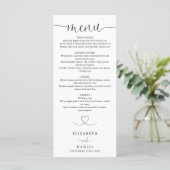 Menu de mariage élégant à cœur script pour dîner (Debout devant)
