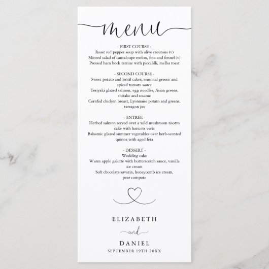 Menu de mariage élégant à cœur script pour dîner (Devant)