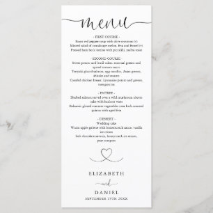 Menu de mariage élégant à cœur script pour dîner