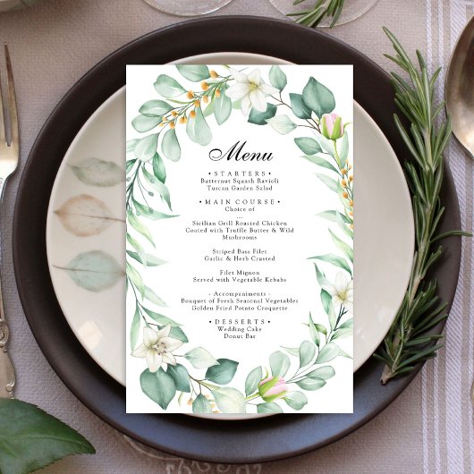 Menu de mariage élégant à la verdure d'eucalyptus