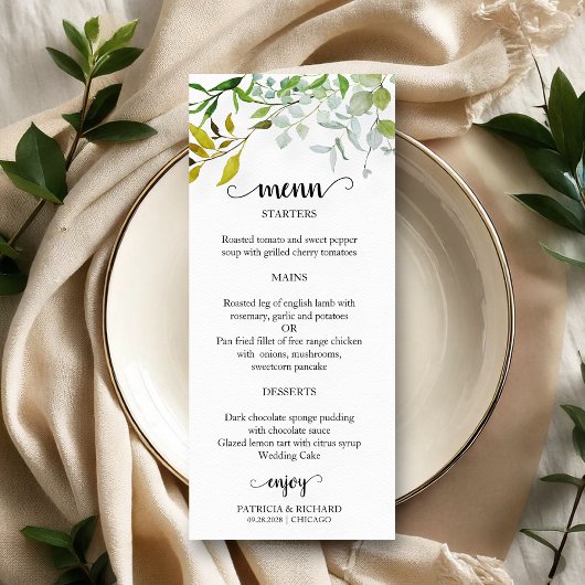 Menu de mariage élégant à l'aquarelle avec verdure